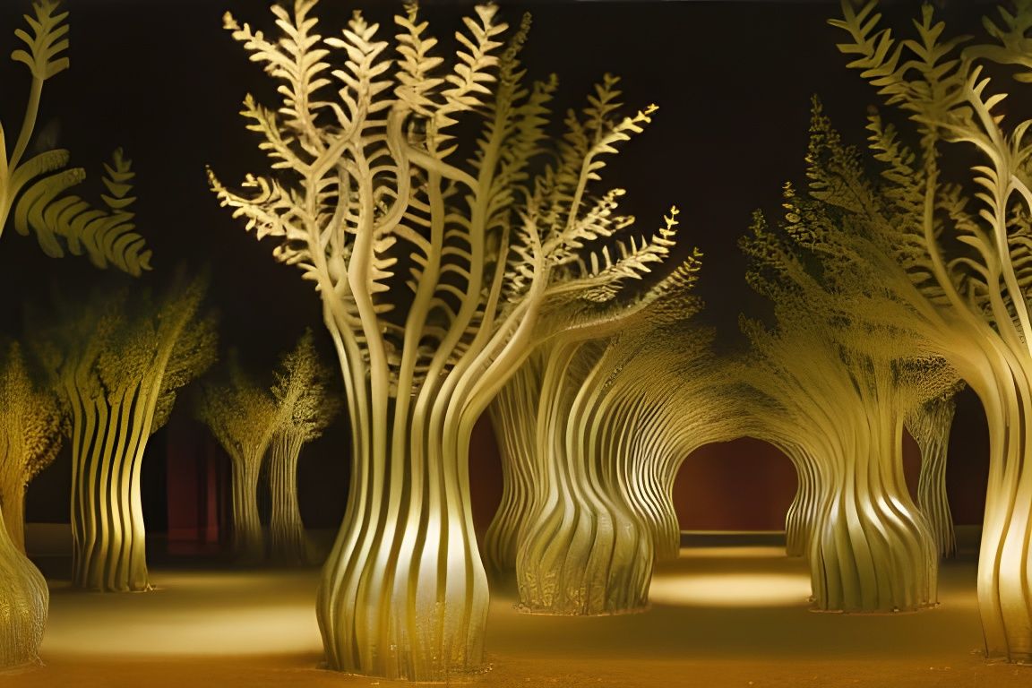Golden Fantasy Garden in 3D with Detailed Night Sky