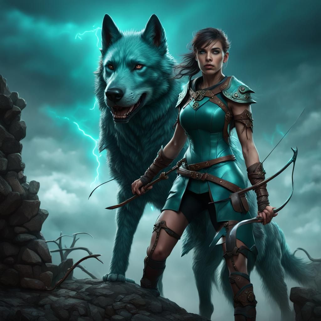 Teal Huntress and Dire Wolf in Stormy Darkness