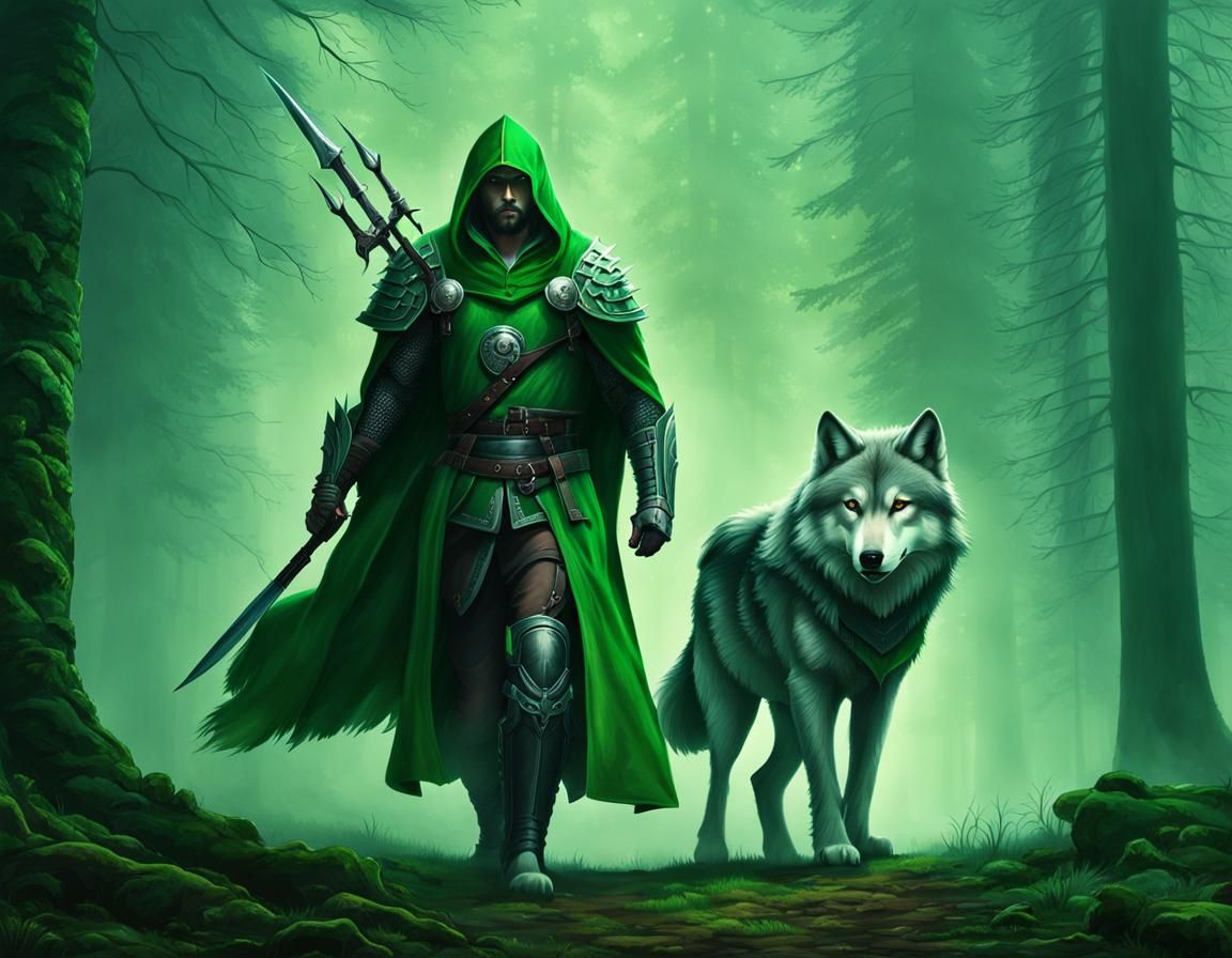 Green Cloaked Warrior and Wolf in Misty Forest
