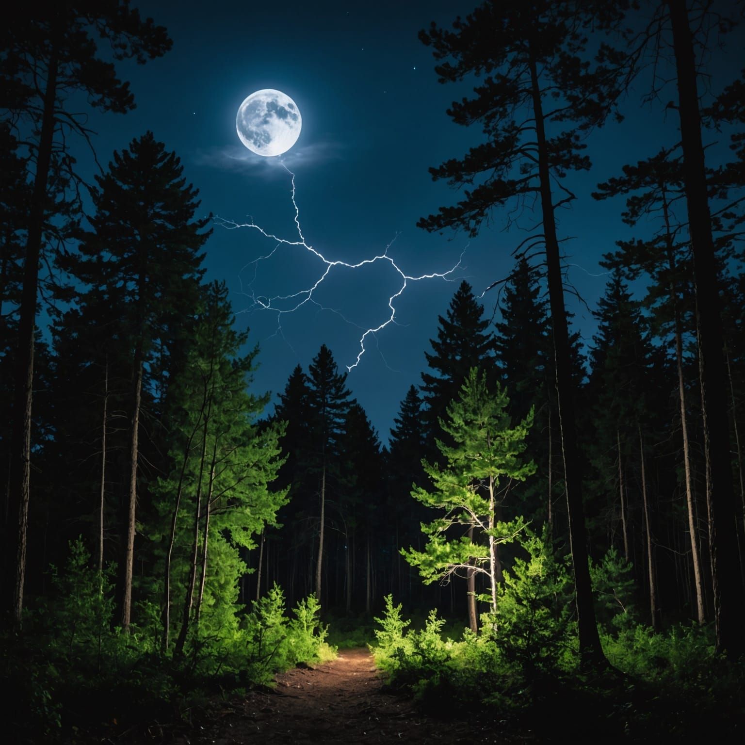 Forest at night with full moon shinning through limbs with lightening