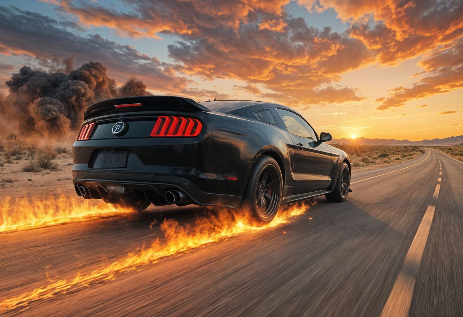Fiery Mustang on Desert Highway, Hyperrealistic Style