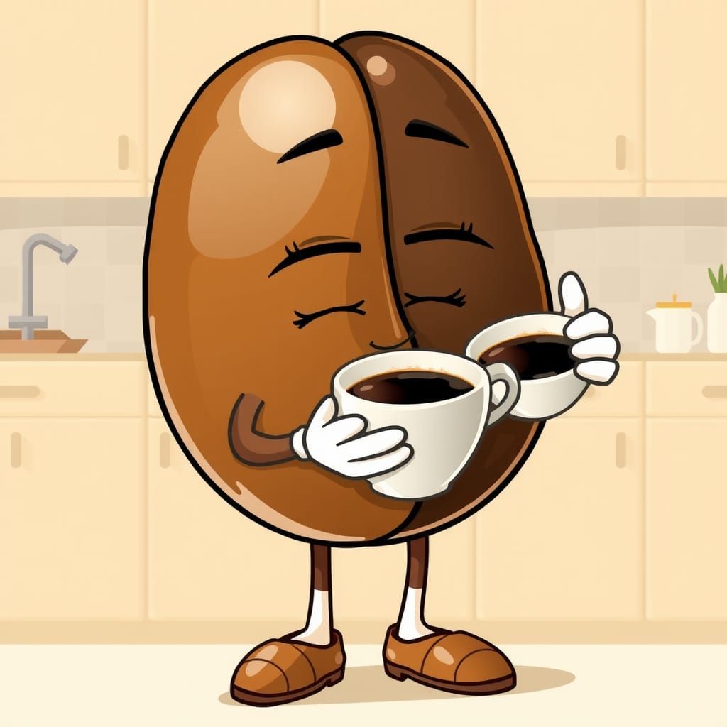 Cartoon illustration of an anthropomorphic coffee bean chara...