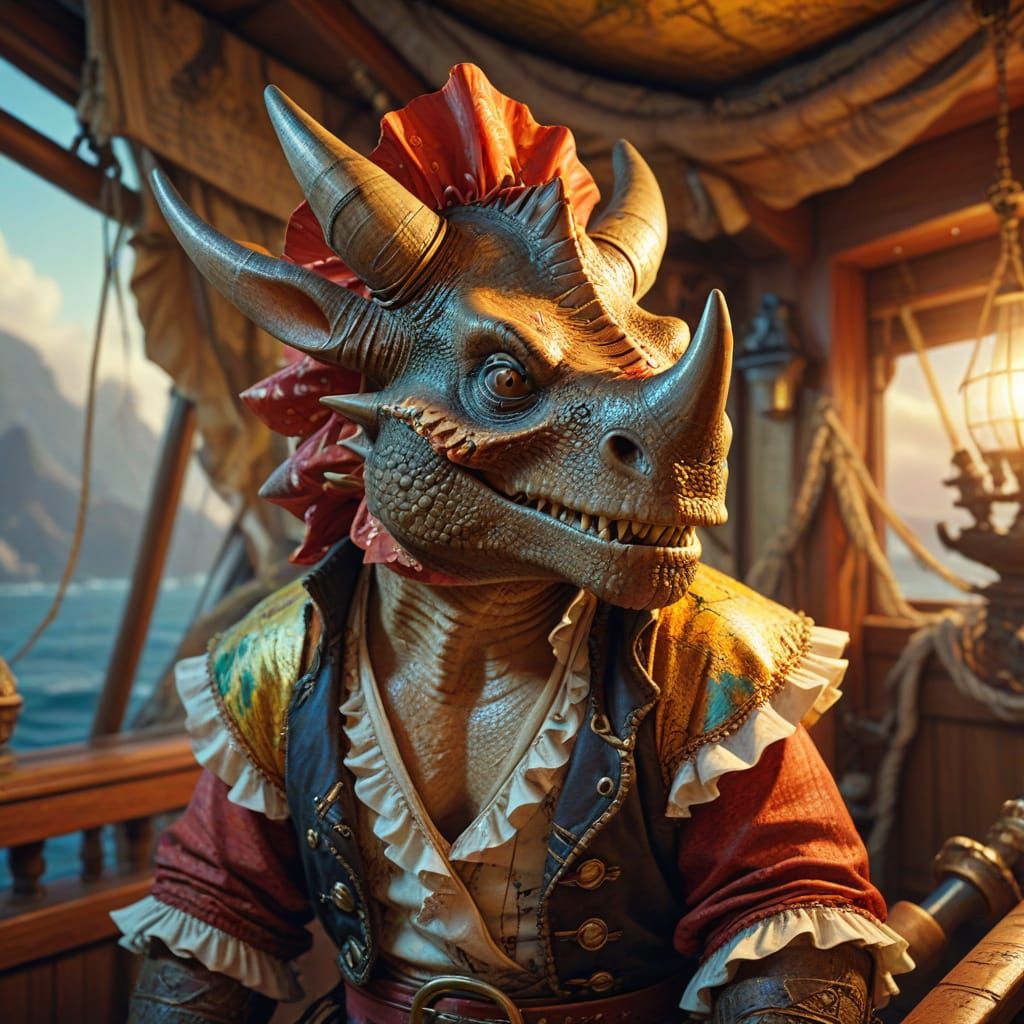Triceratops Pirate on Ship in Cartoon Style