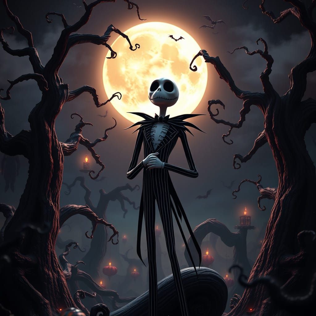 Heroic Jack Skellington in Haunting Dreamlike Landscape