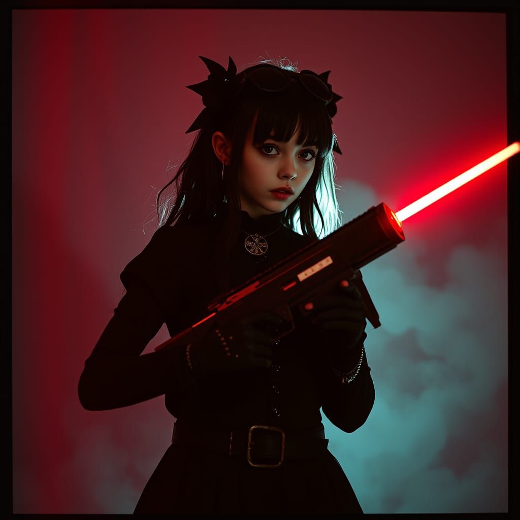 Gothic Girl with Ray Gun in Film Noir Style
