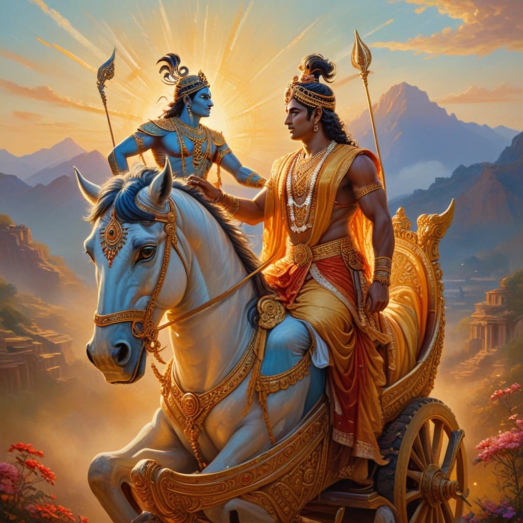 Arjuna and Krishna in Divine Chariot: Oil Painting