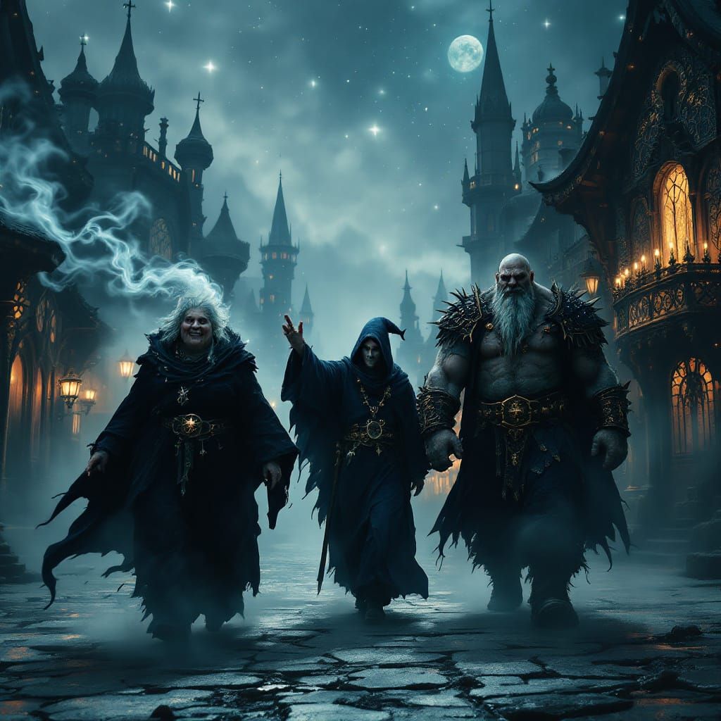 Medieval Trio Roams Galactic Town in Art Nouveau Style