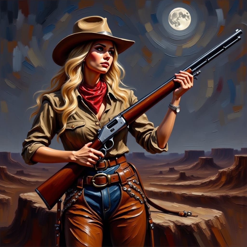 Western Film Noir: Woman with Rifle in Moonlight