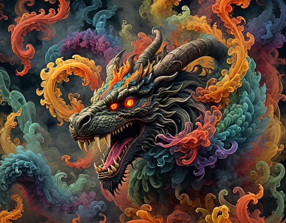 Mythical Beast Arising from Colorful Smoke