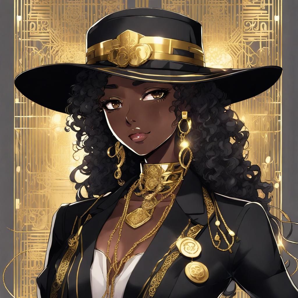 Stylish Woman in Anime Style with Gold Details