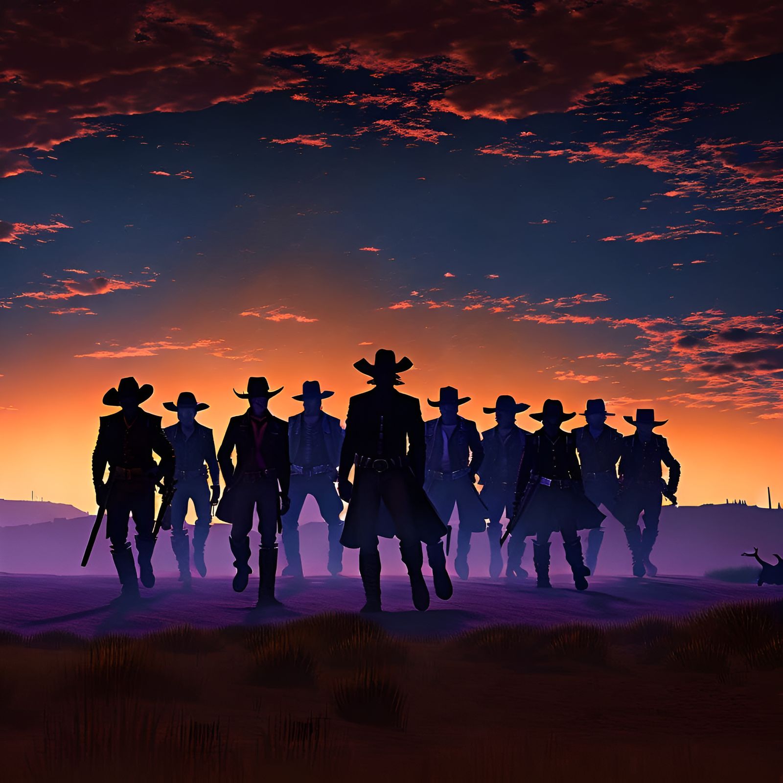 Ten Cowboys Approach at Twilight in Cowboypunk Style