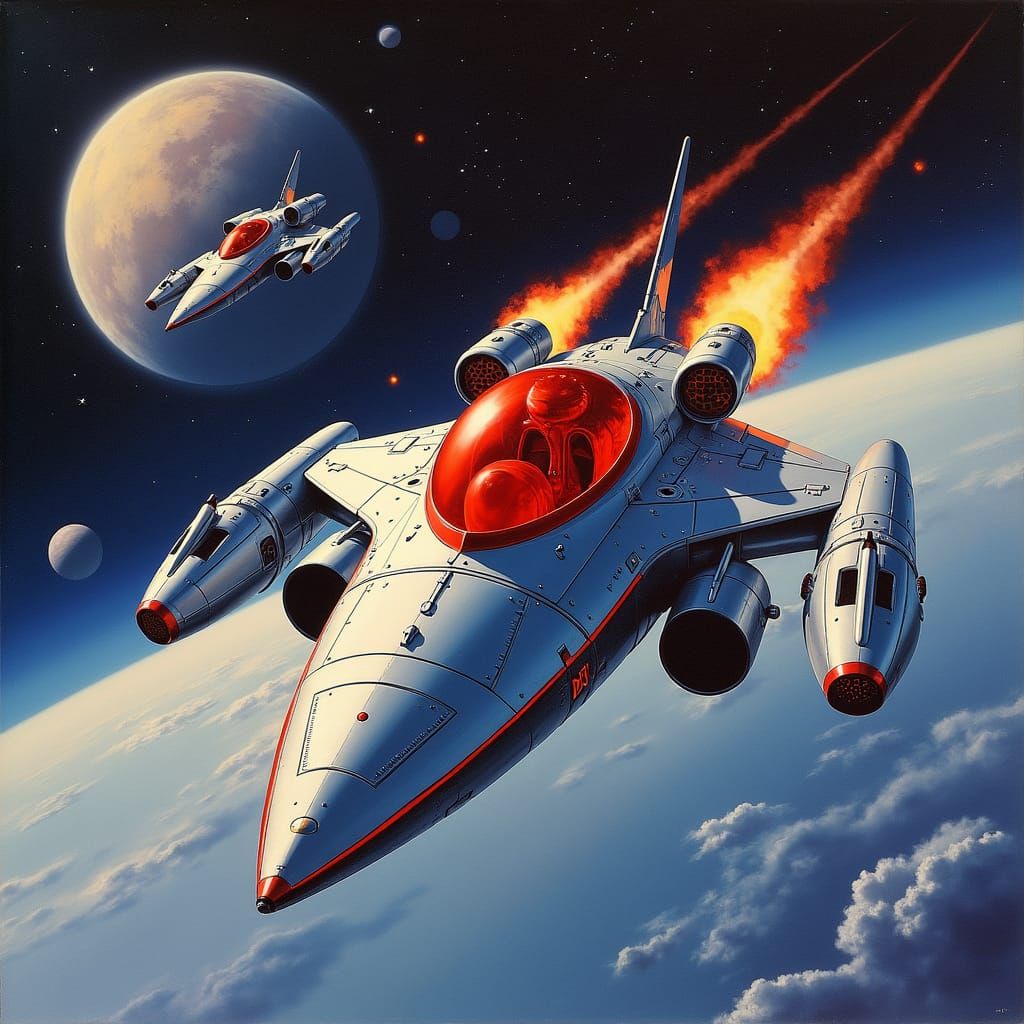 Retro Cyberpunk Space Battle in Sorayama Style