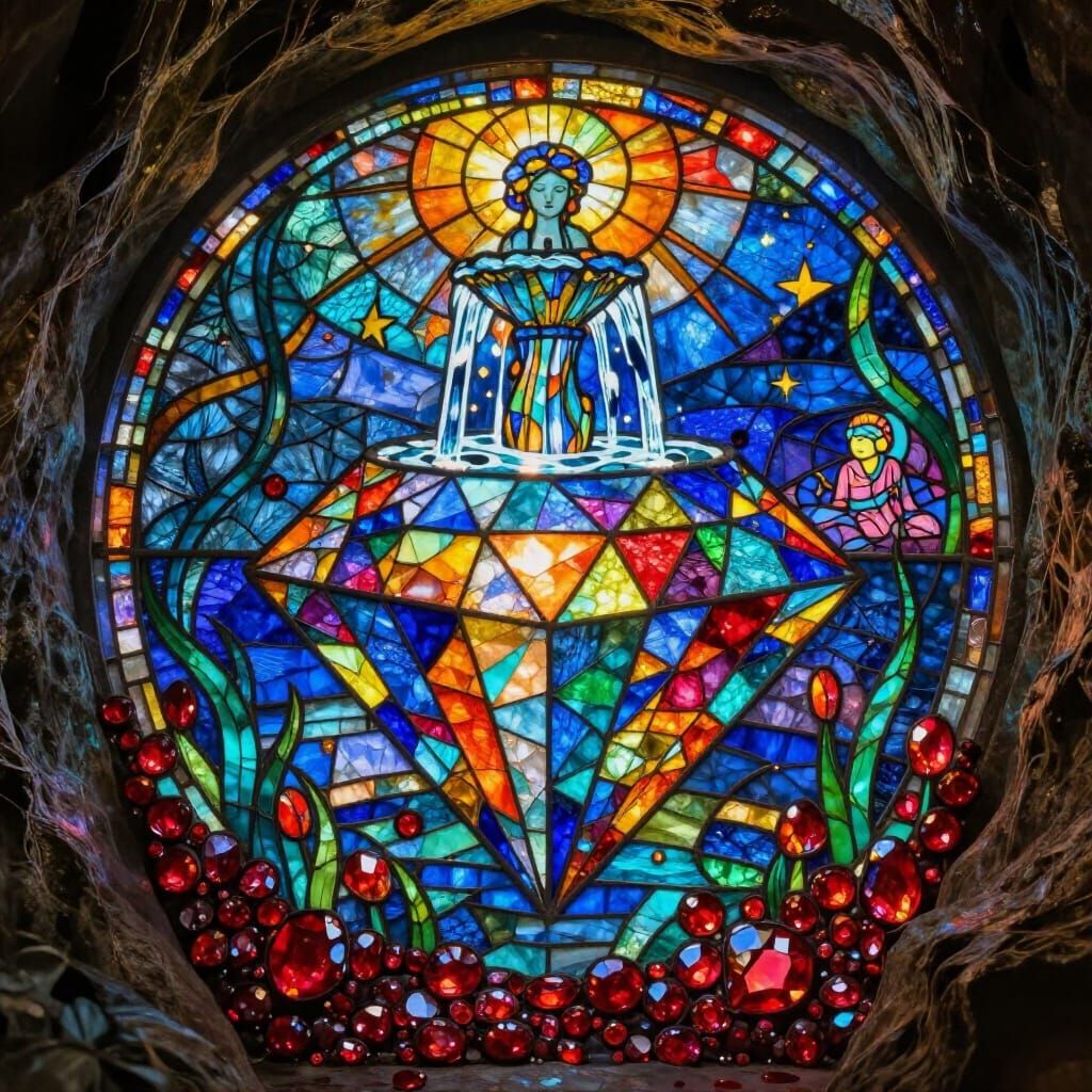 Vibrant Stained Glass Diamond Illuminates Grotto in Mosaic S...