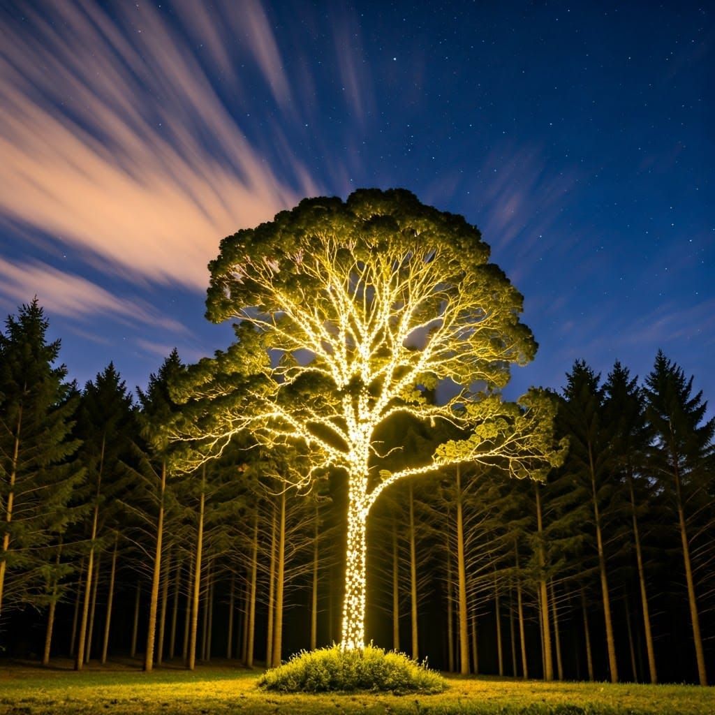 Cloud Tree Illuminates Forest at Night