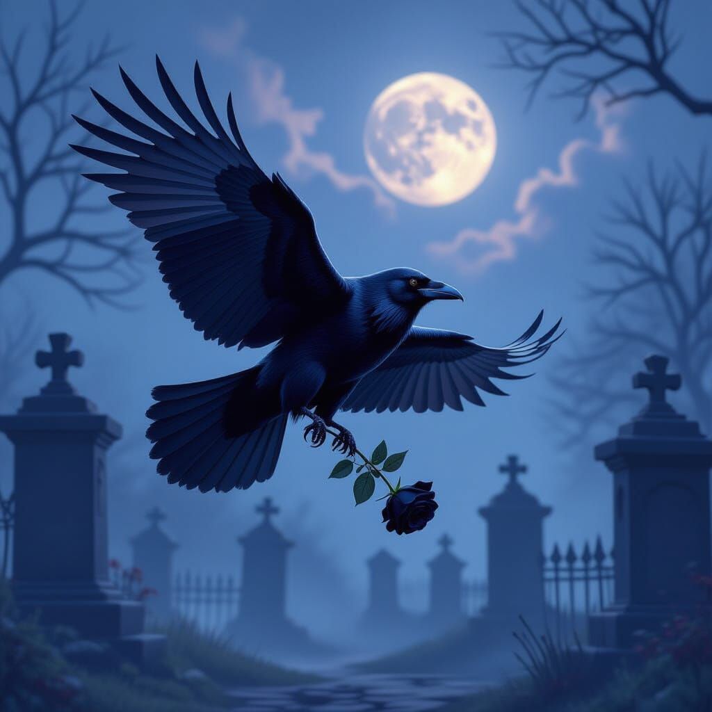 Majestic Raven with Black Rose in Misty Graveyard at Twiligh...