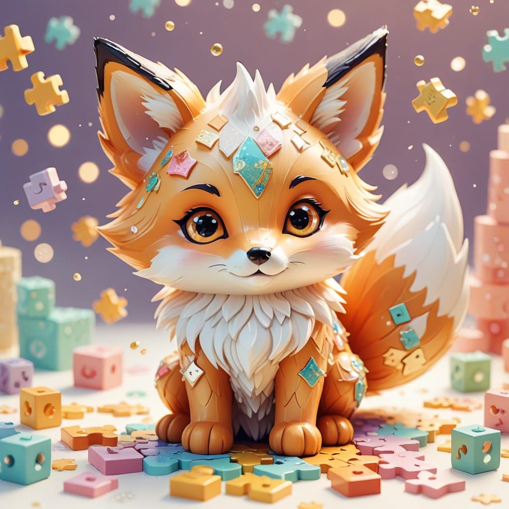 Chibi Fox Crafts Puzzle in Kawaii Digital Art