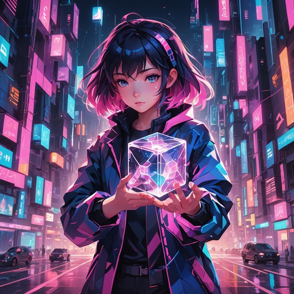 Futuristic Anime Character in Cubist Neon Cityscape