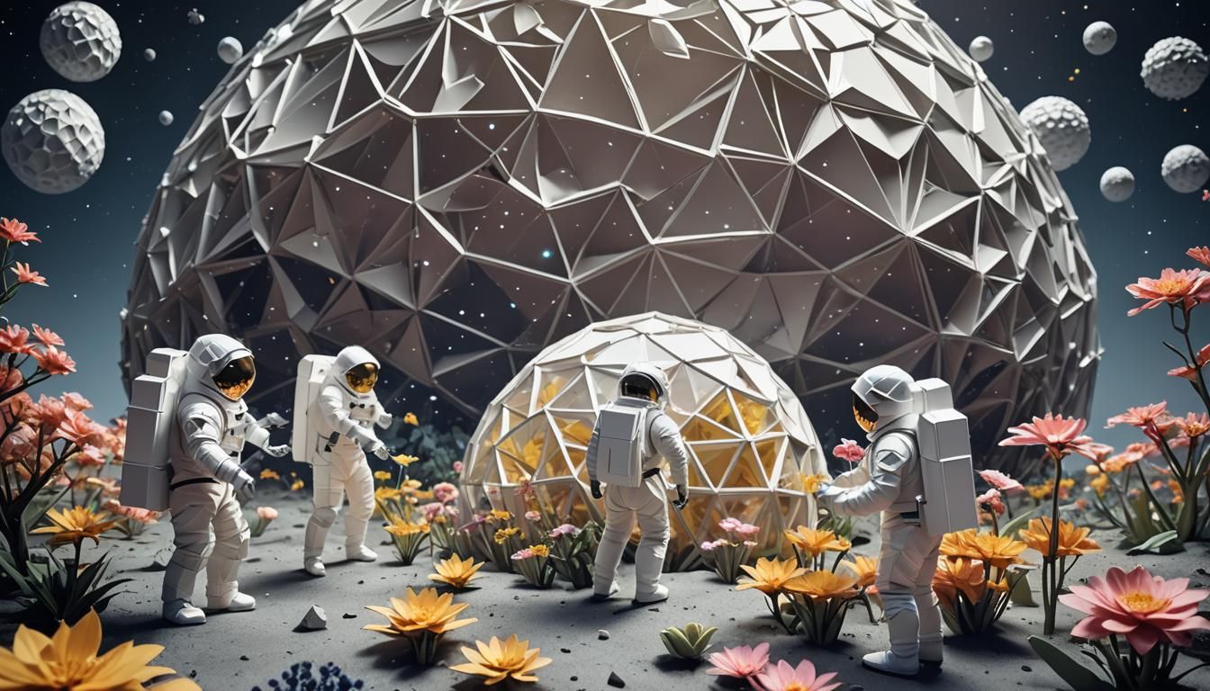 Astronauts Tend Lunar Flowers in Origami Style
