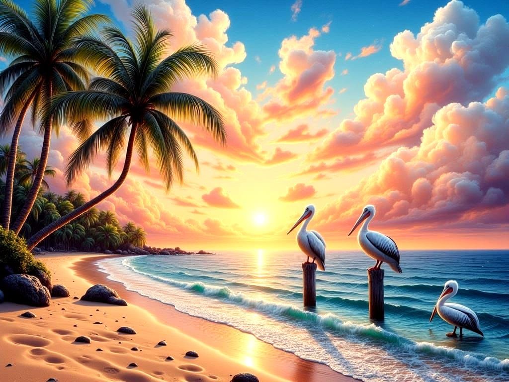 Serene Tropical Sunset with Pelicans