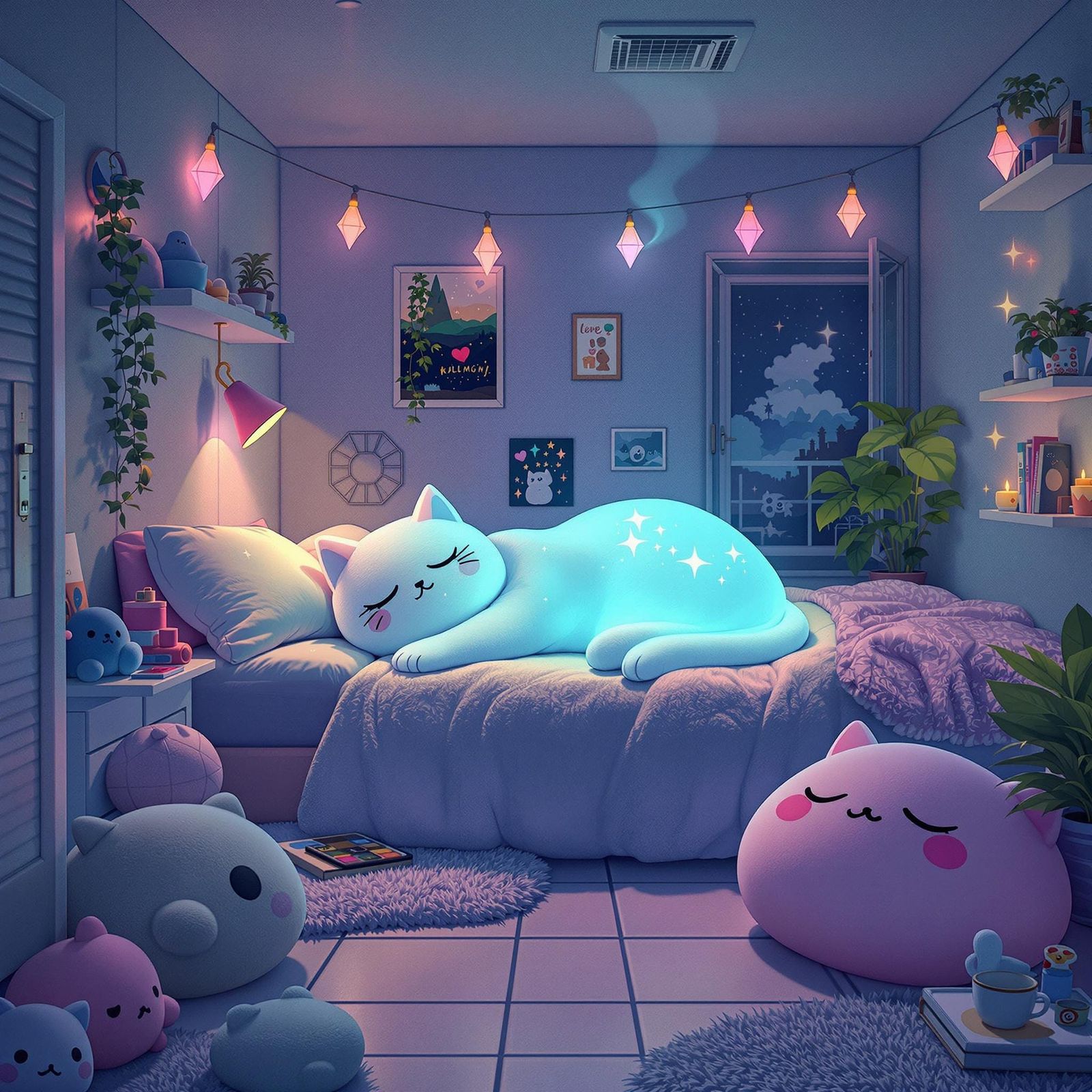 Big Blue Blob Cat Asleep On Bed