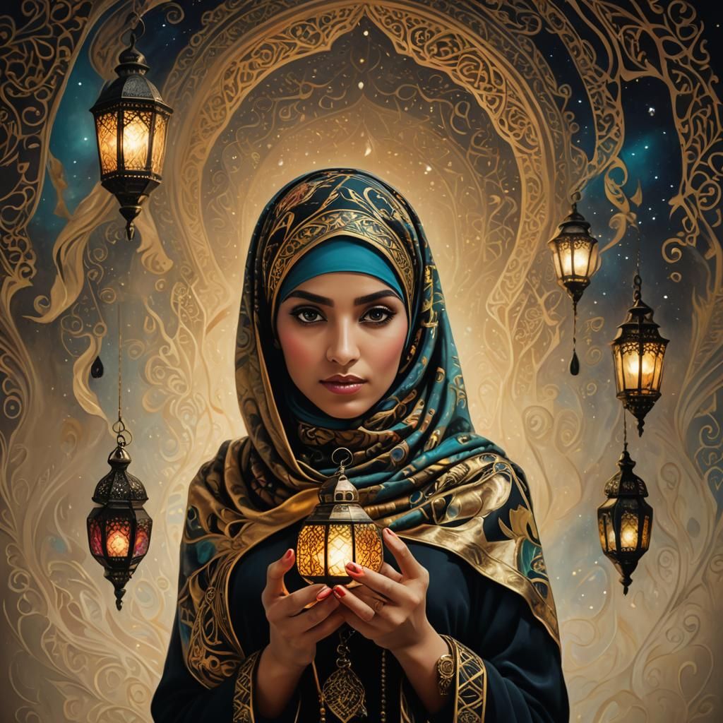 Arabian Nights Woman with Lantern in Surrealist Style