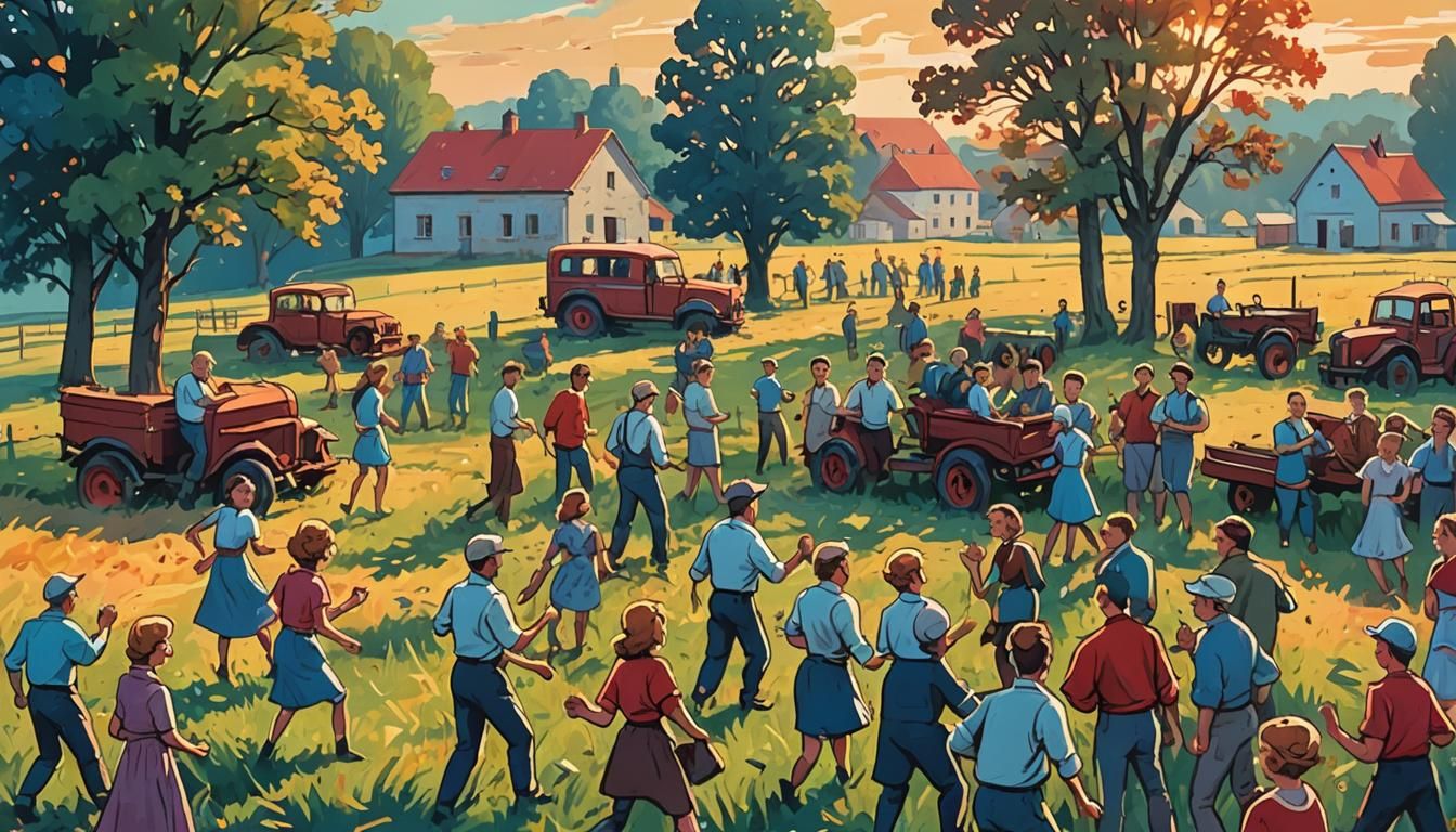 Retro Polish Comic Art: Farmers Dancing in Field