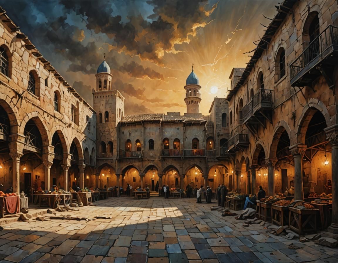 Medieval Arabic Town Square: Acrylic Painting