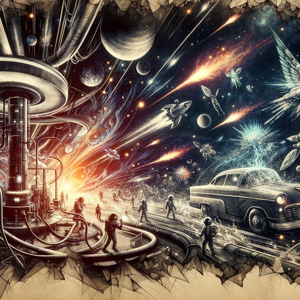 Extraterrestrial Fueling Station in Space, Ink Drawing