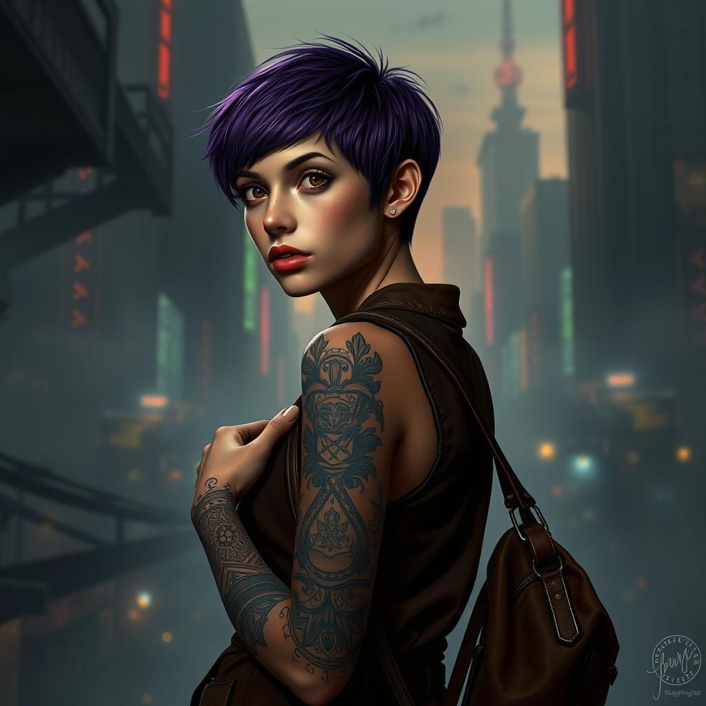 Cyberpunk Woman with Tattoos in Neon Cityscape