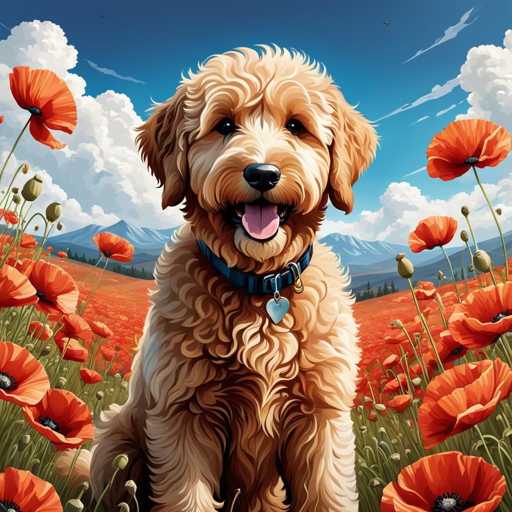 Happy Goldendoodle in Poppy Field, Vector Art
