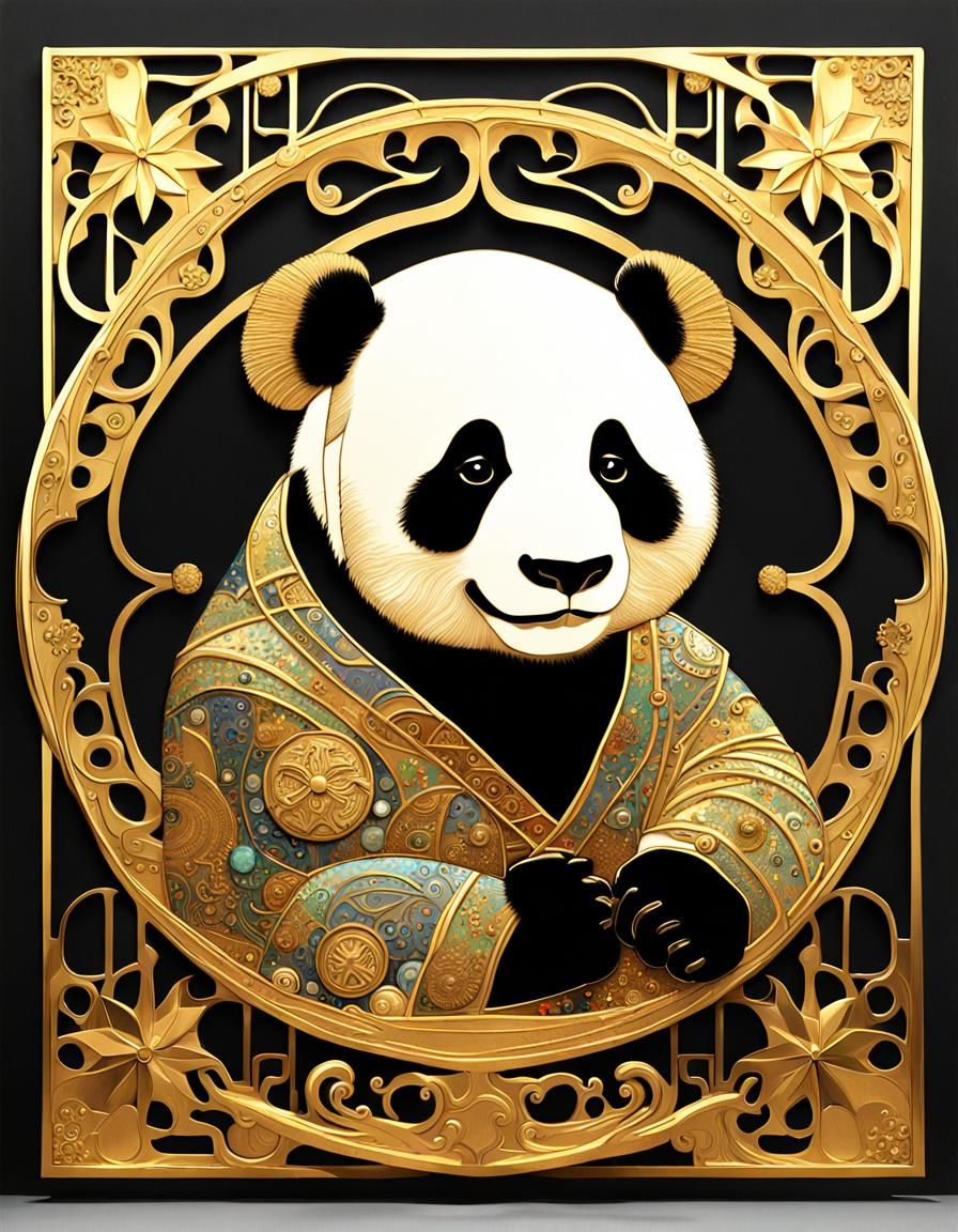 Golden Panda Tractor in Klimt-Inspired Art Nouveau Style