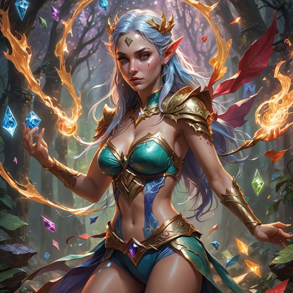 Enchanting Elf Girl Plays Magic: Hyperrealistic Splash Art