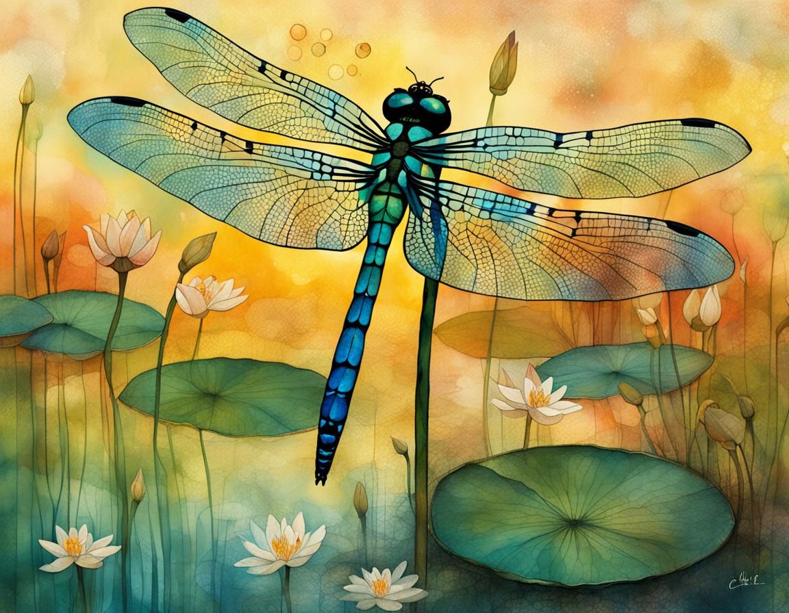 Dragonfly on Lily Pad: Digital Watercolor Illustration