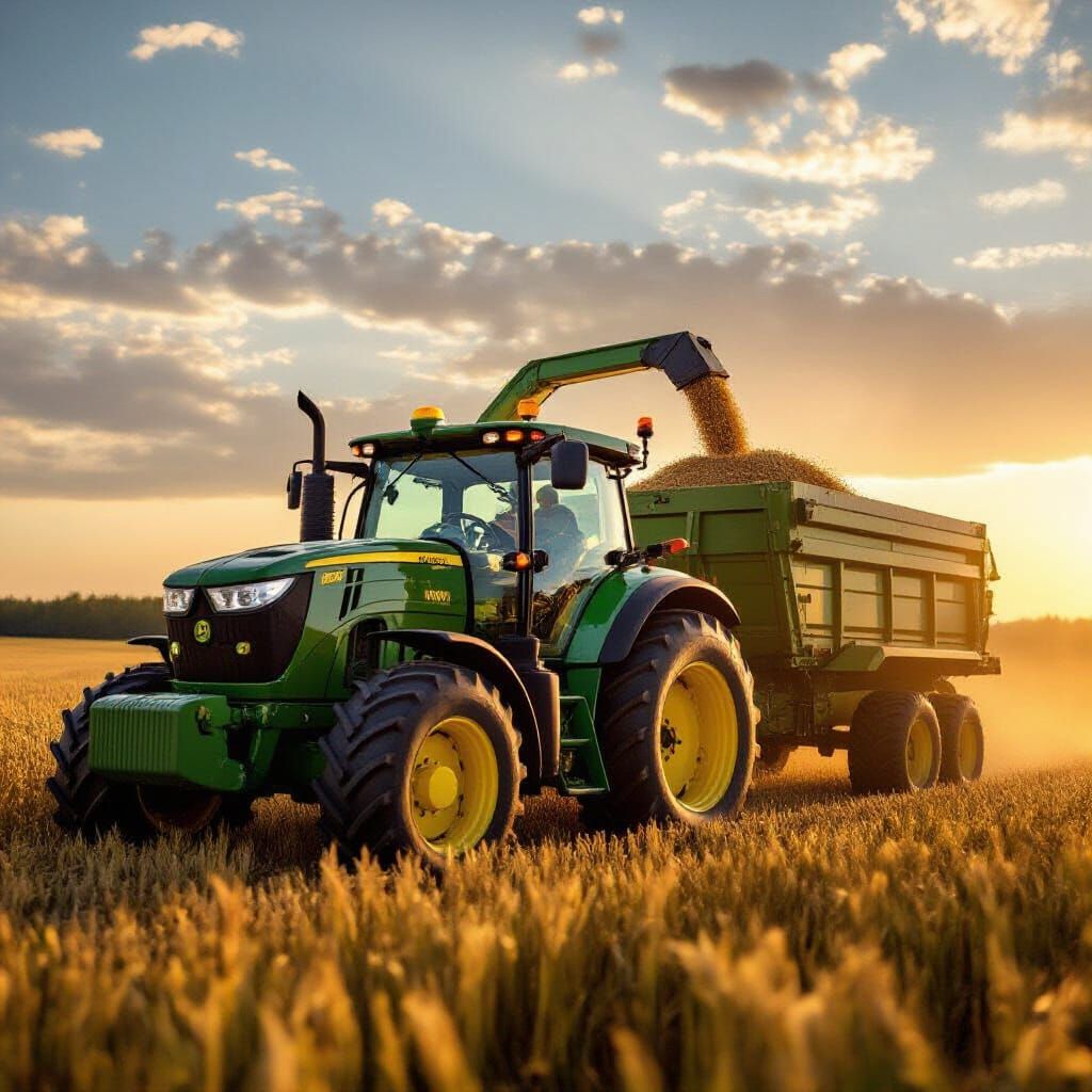 John Deere Tractor Empties Header into Trailer at Golden Hou...