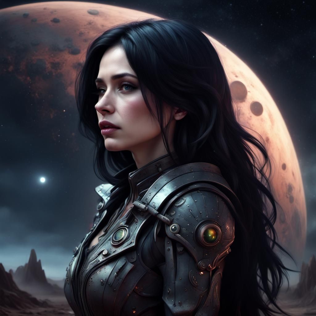 Gothic Woman Mourns Husband Under Night Sky