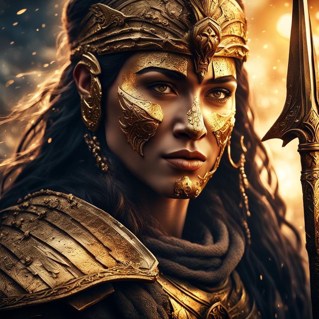 Valkyrie Goddess Smiles Amidst Golden Light