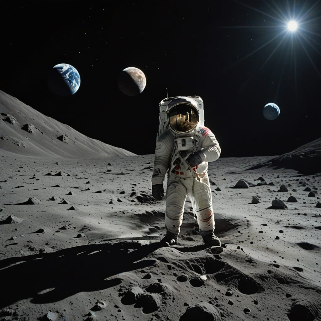 Cosmonaut in Zero Gravity Orbiting the Moon