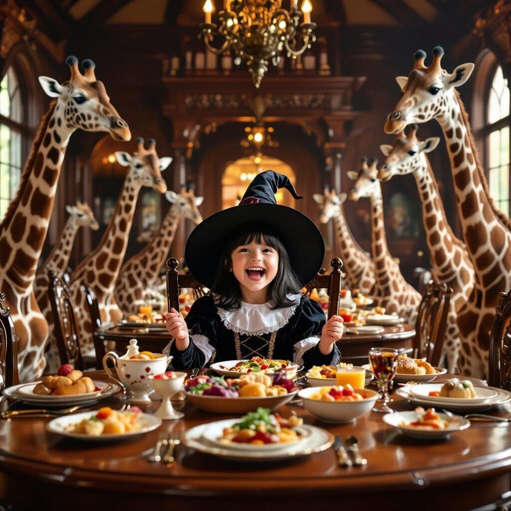 Girl in Witch Costume Eats Dinner with Giraffes in Whimsical...