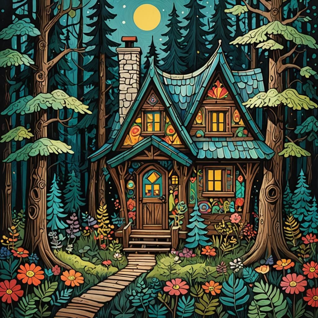 Whimsical Forest Cabin in Folk Art Collage Style