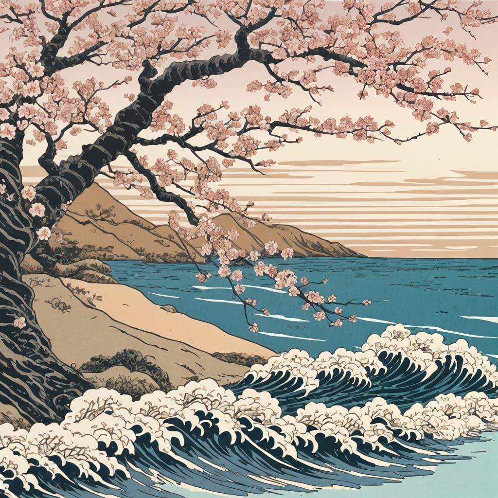 Ukiyo-e Cherry Blossom Tree at Shoreline