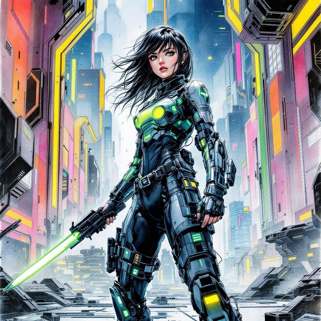 Anime Girl Warrior in Futuristic Metropolis
