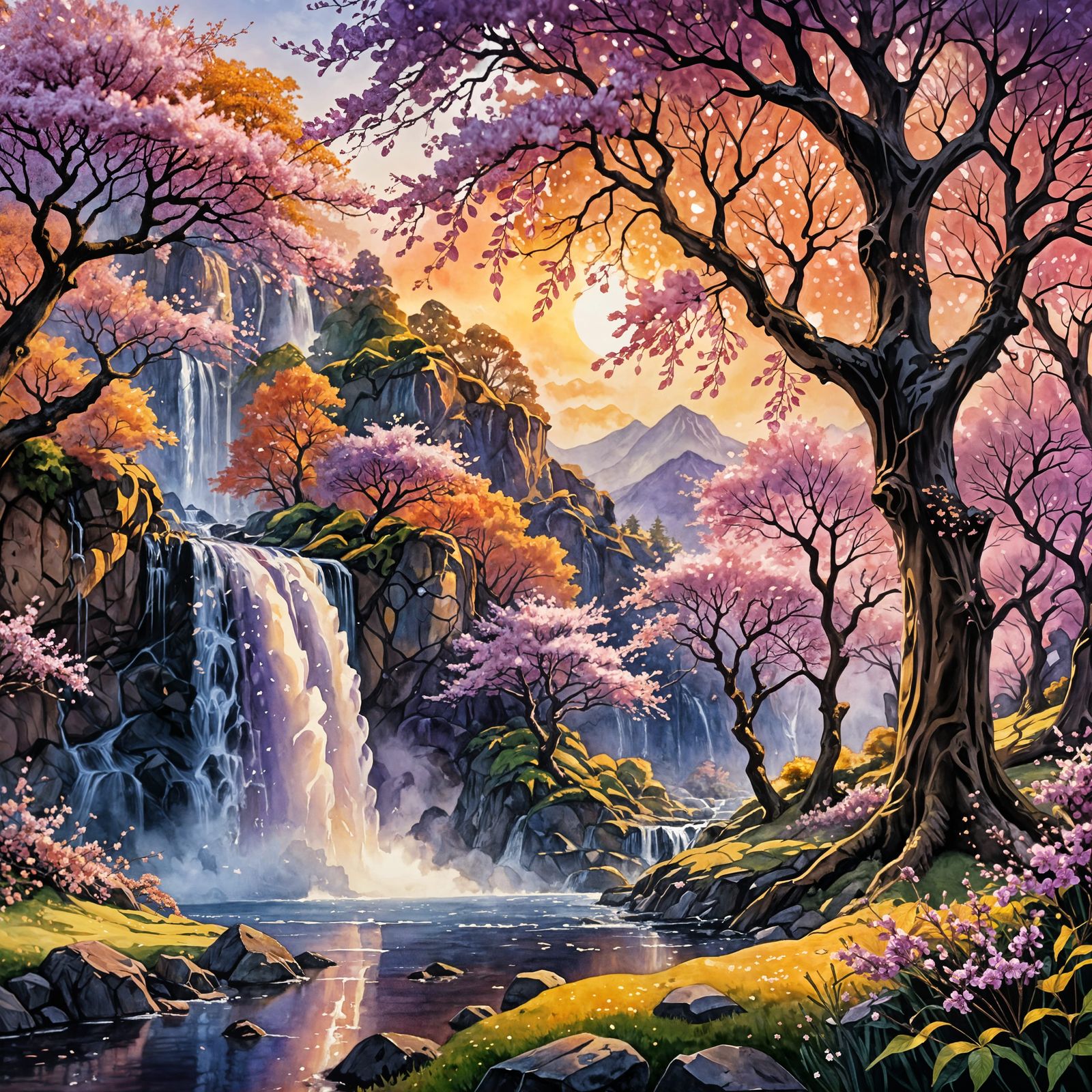 Elven Cherry Trees: Sparkling Watercolor Fantasy