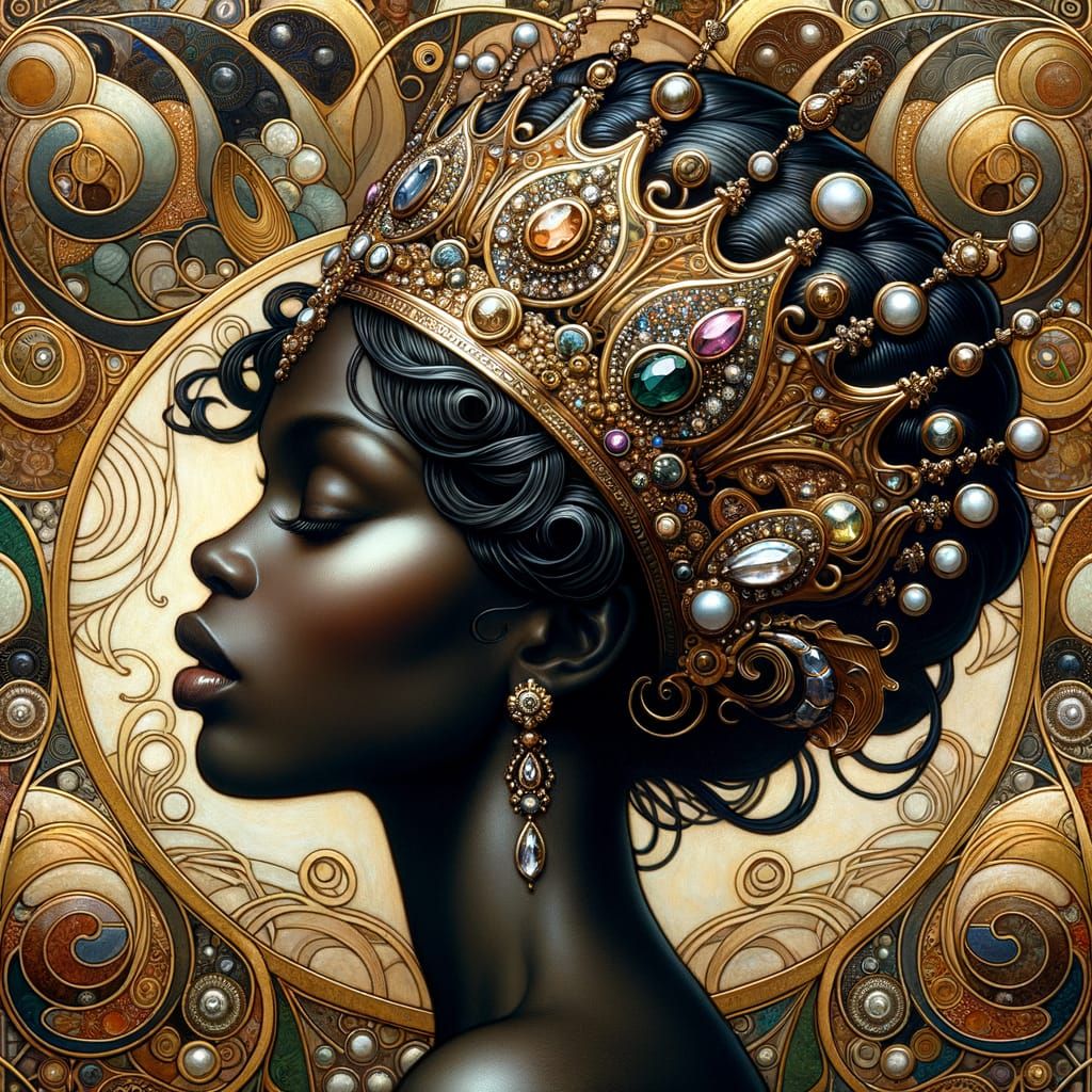 Art Nouveau Portrait of a Regal Black Woman in Jeweled Crown