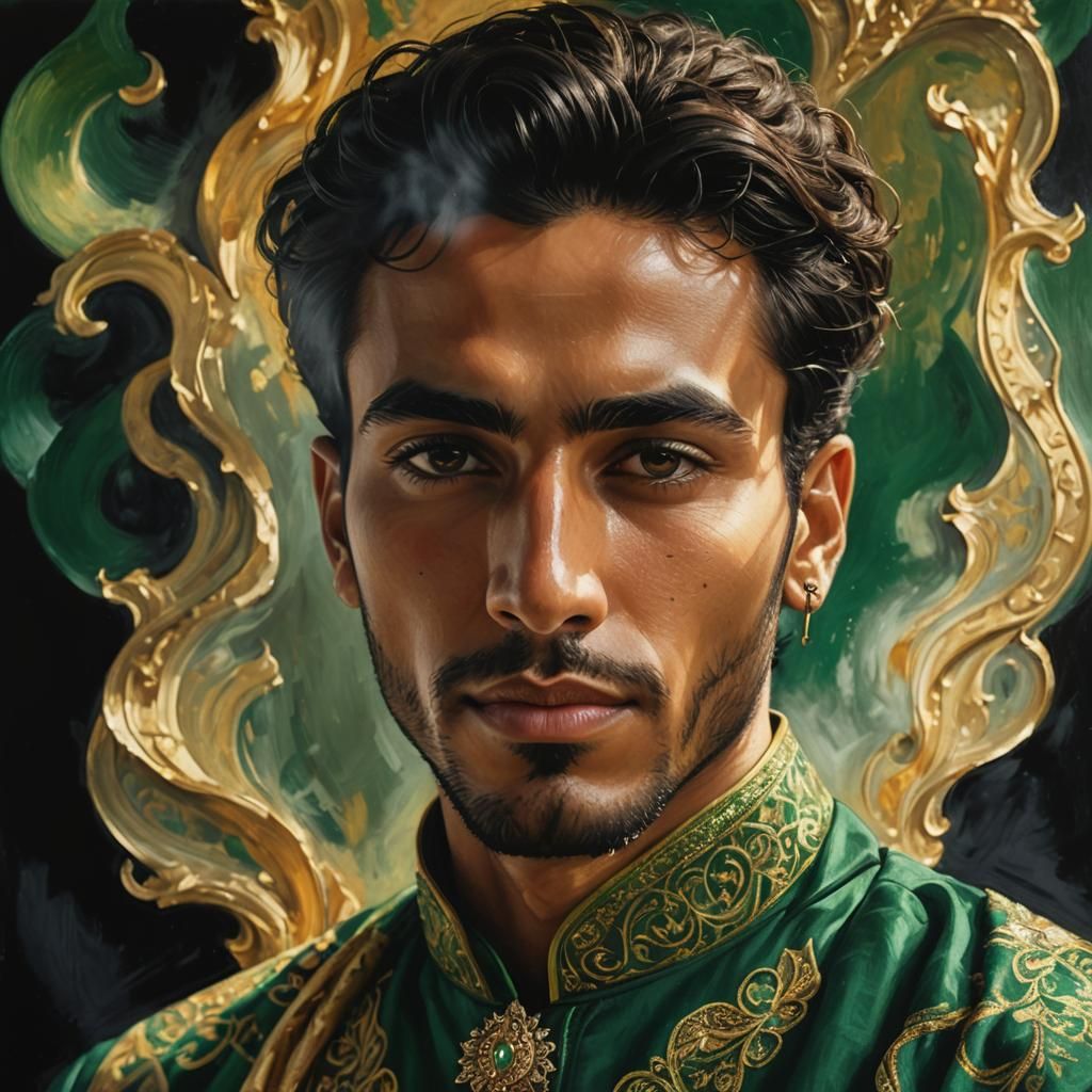 Moroccan Man in Emerald and Gold, Oil Painting
