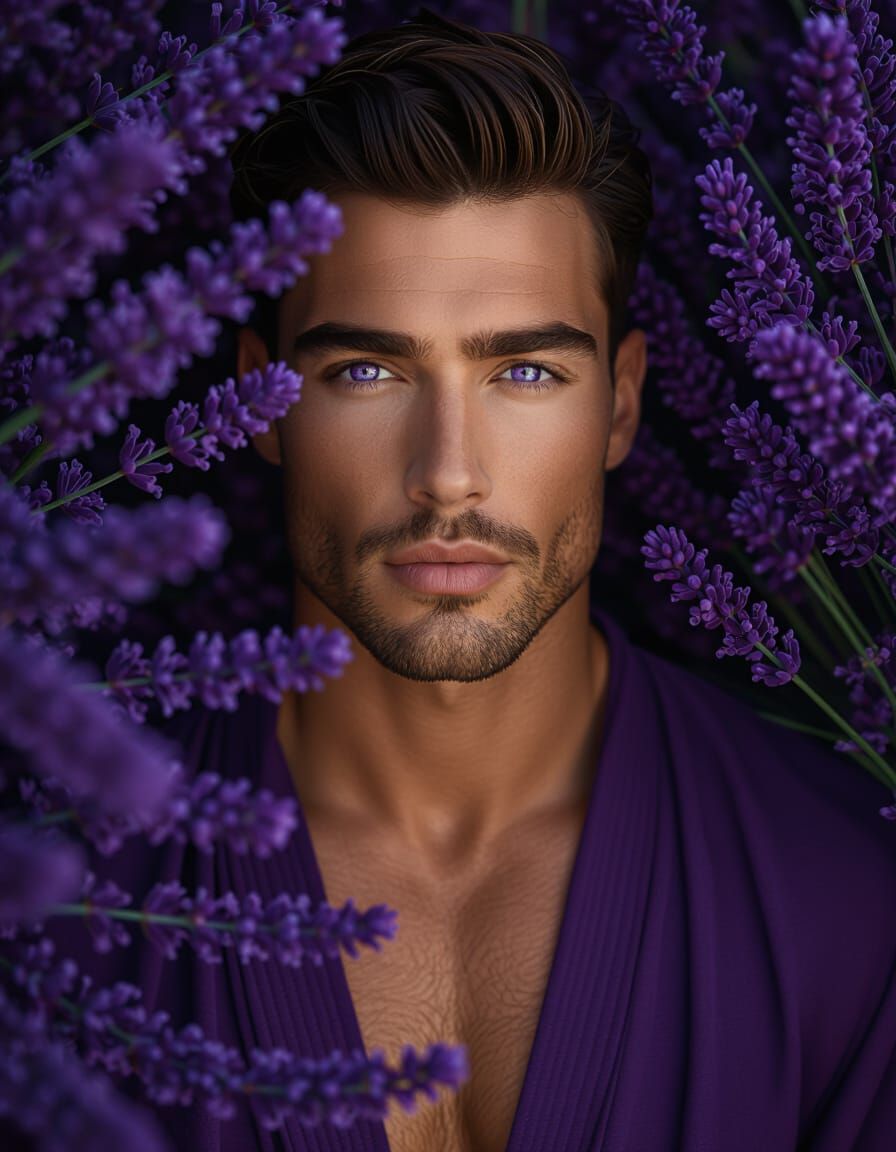 Handsome Man Emerging From Lavender Bouquet