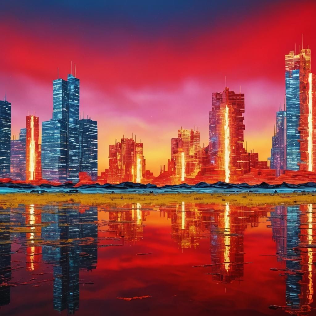 Surreal Data Streams Landscape in Oil on Canvas