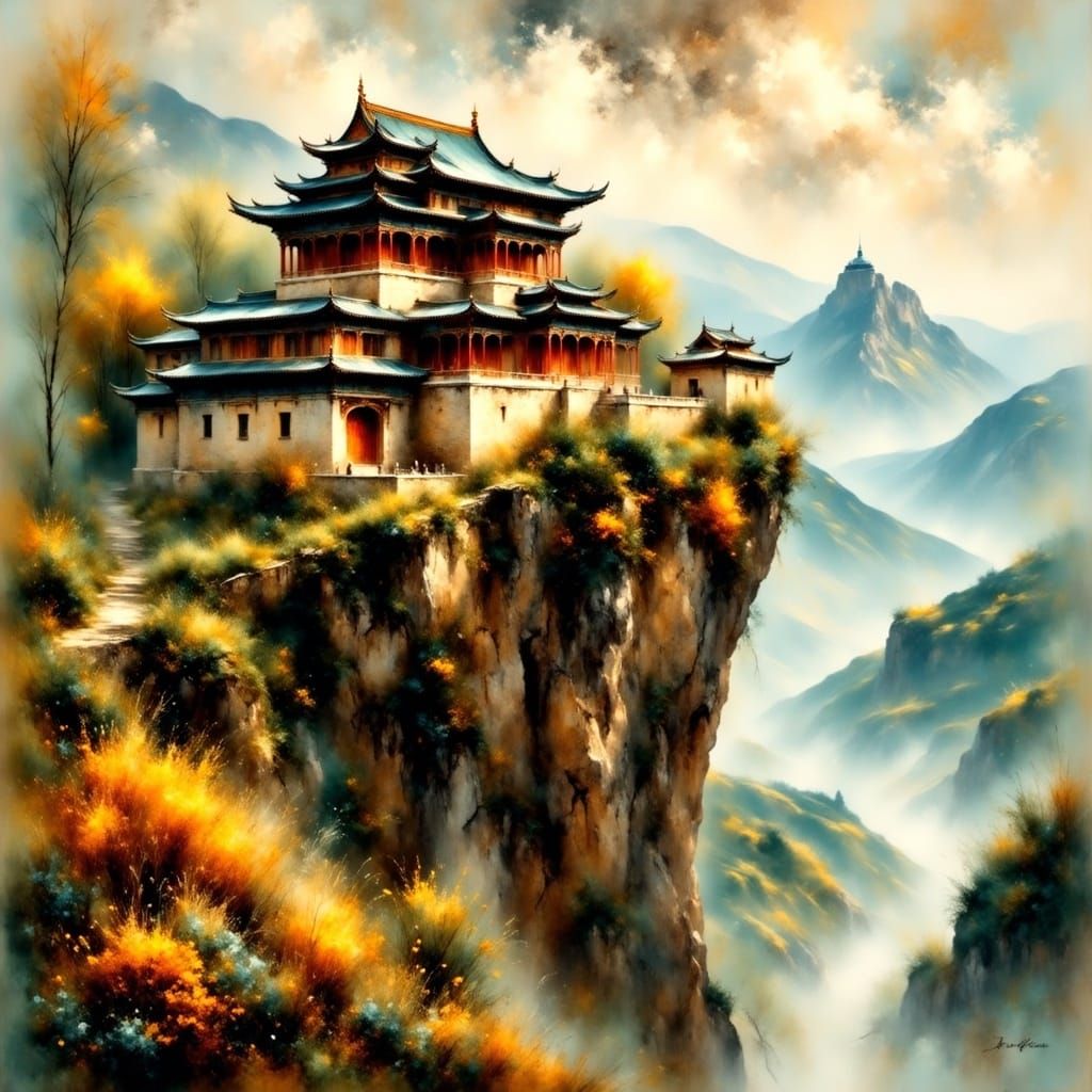 Impressionist Shaolin Temple Perched on a Cliffside