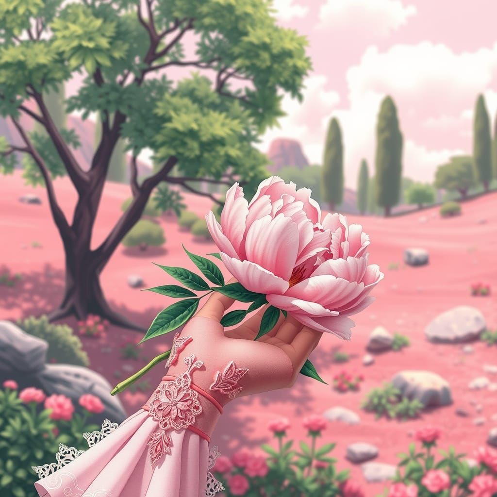 Pink Peony Held by Gloved Hand in Anime Style
