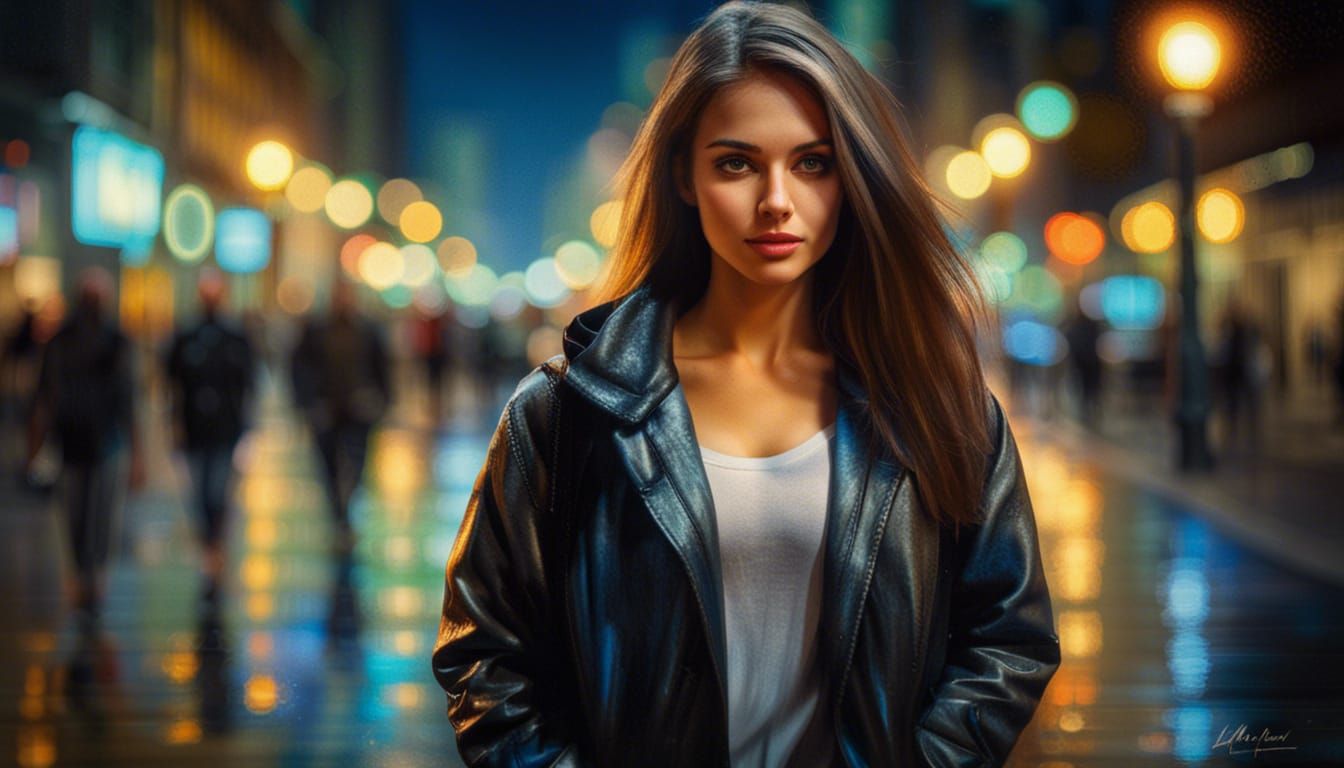 Beautiful Woman Walking in City Street at Night