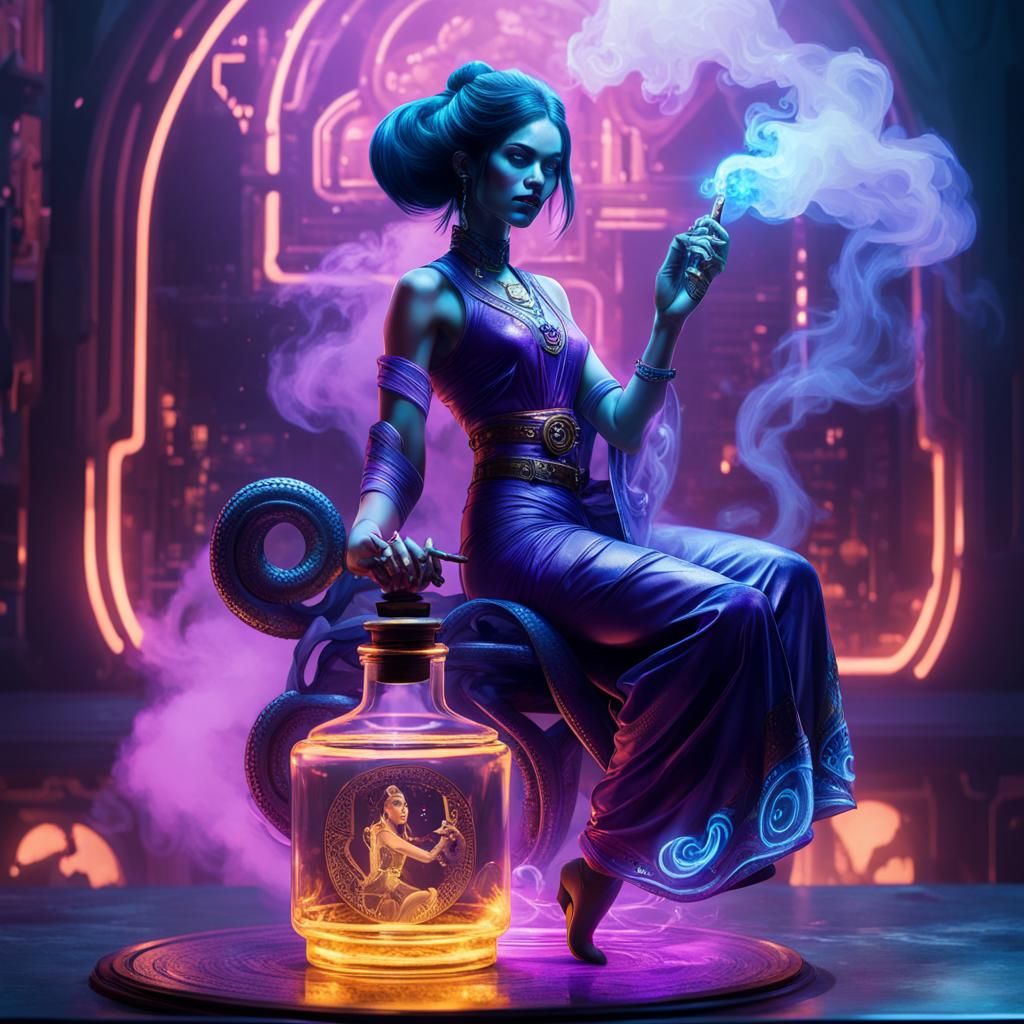 Purple Genie Emerges in Cyberpunk Style
